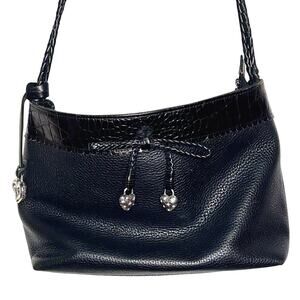 Brighton Black Pebble Leather Silver-tone Charms Clear Rhinestones Hobo Purse